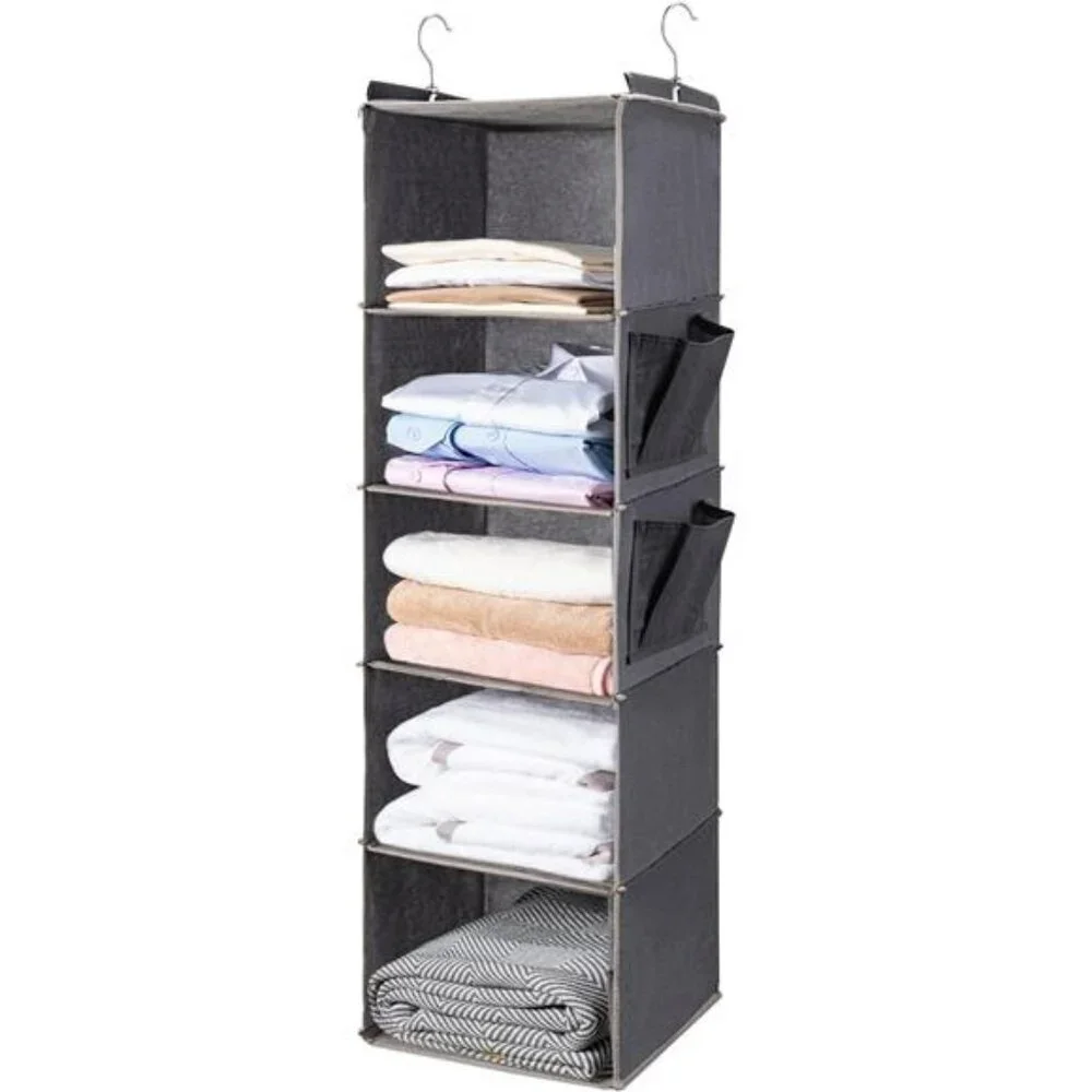 Hanging closet organizer 5 tier shelves with side pockets foldable storage grey
